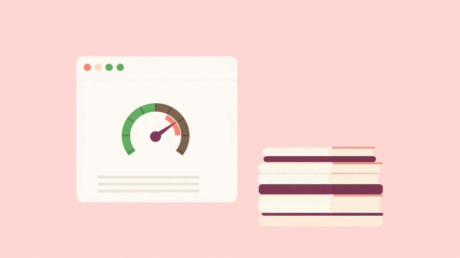 Browser window with a performance speedometer in the green zone