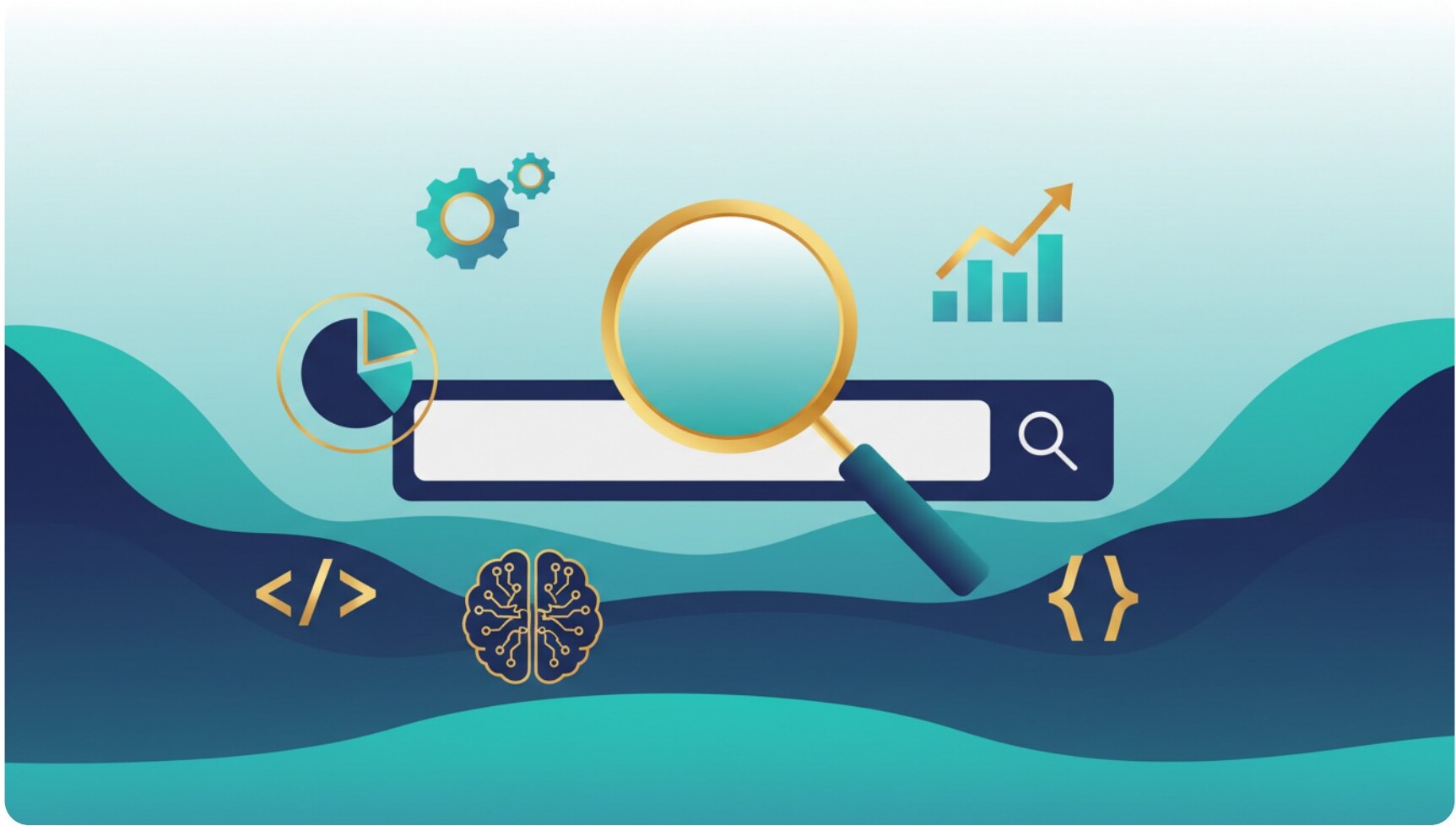 Illustration of SEO concepts including gears, magnifying glass and analytics