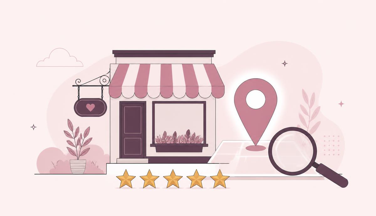 Illustration of a small storefront with a map pin, review stars and a magnifying glass