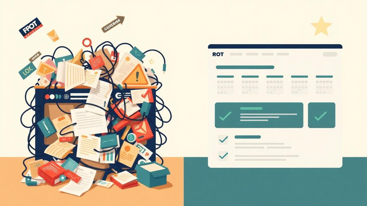 Side-by-side illustration: a cluttered website full of broken links, tangled wires, and outdated content next to a clean, organized version with checkmarks